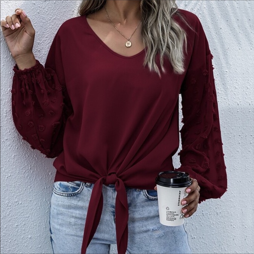 FINAL MARK-DOWN BURGUNDY CONTRAST SLEEVE TOP - Picture 2 of 7